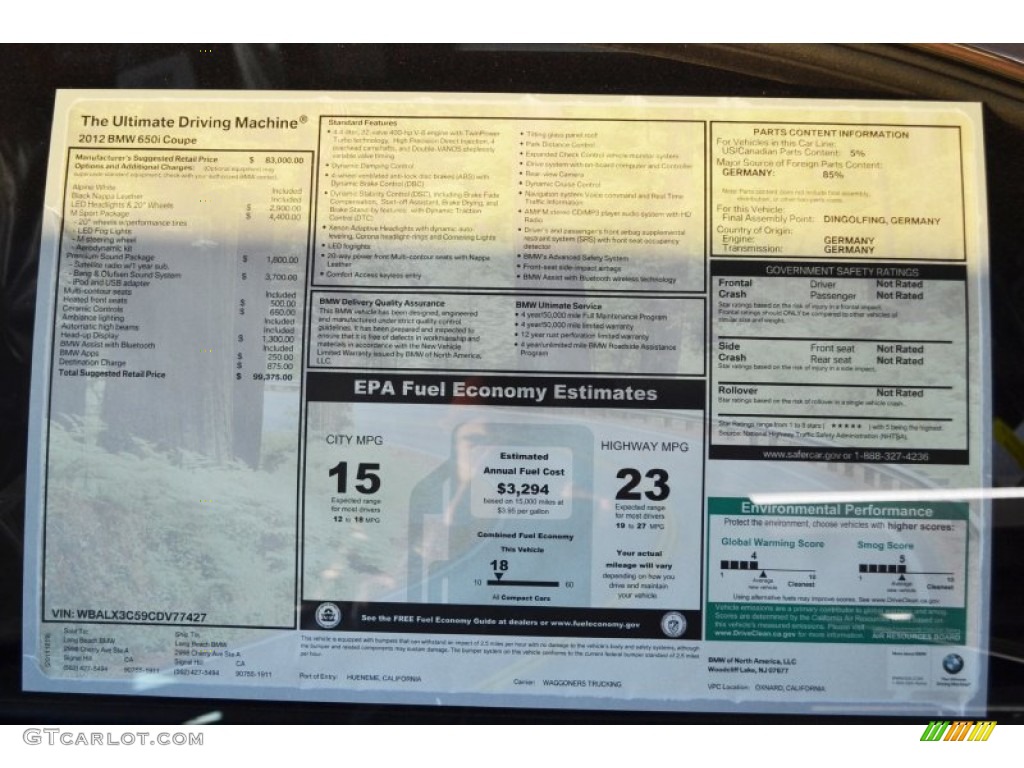 2012 BMW 6 Series 650i Coupe Window Sticker Photo #58807272