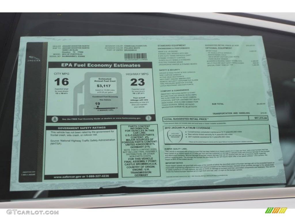 2012 Jaguar XF Portfolio Window Sticker Photo #58812993