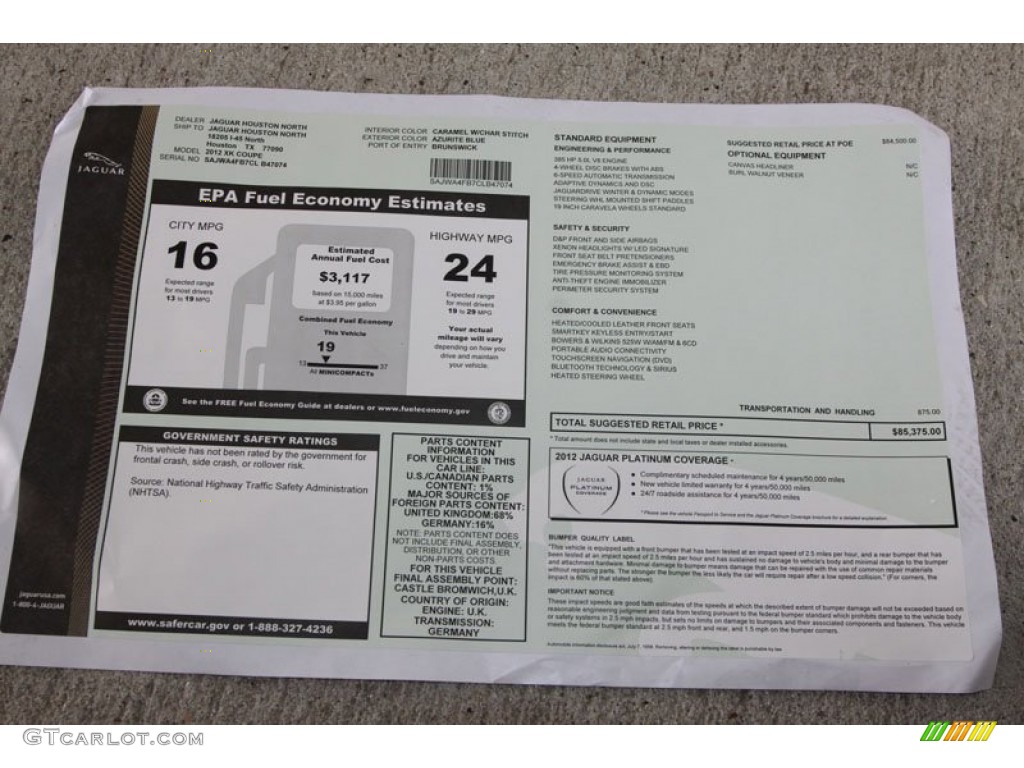 2012 Jaguar XK XK Coupe Window Sticker Photo #58813176