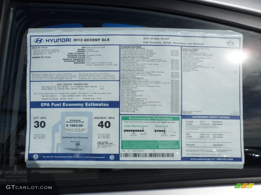 2012 Hyundai Accent GLS 4 Door Window Sticker Photo #58818855