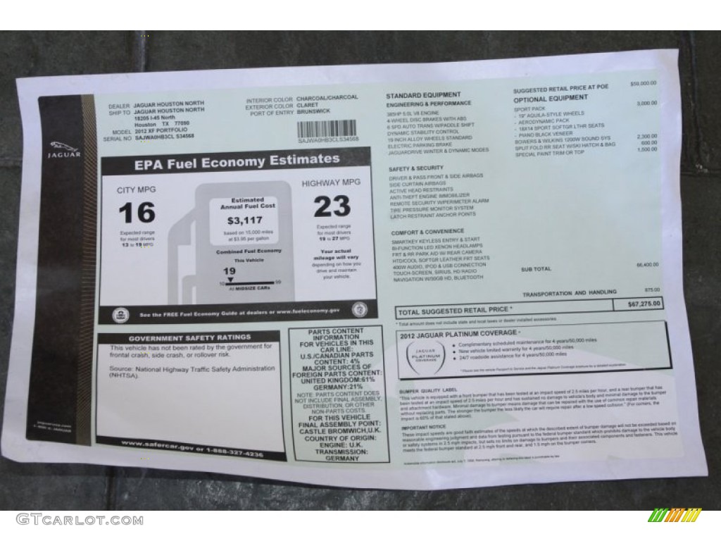 2012 Jaguar XF Portfolio Window Sticker Photo #58851230