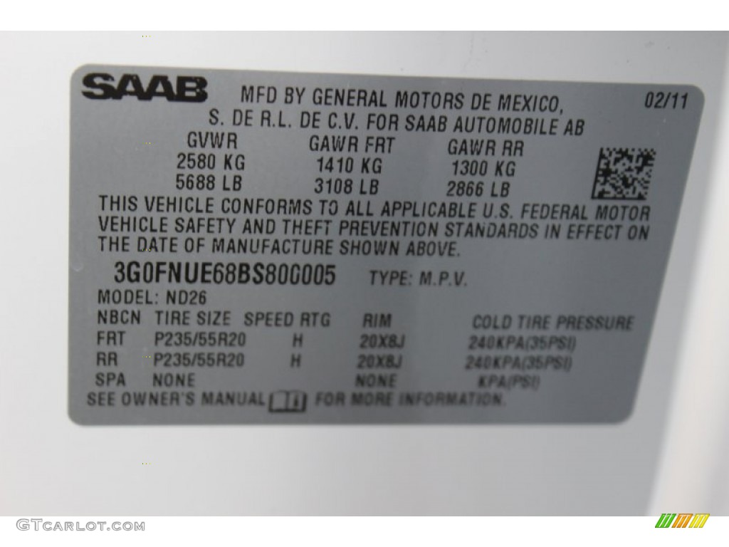 2011 Saab 9-4X Aero XWD Info Tag Photos