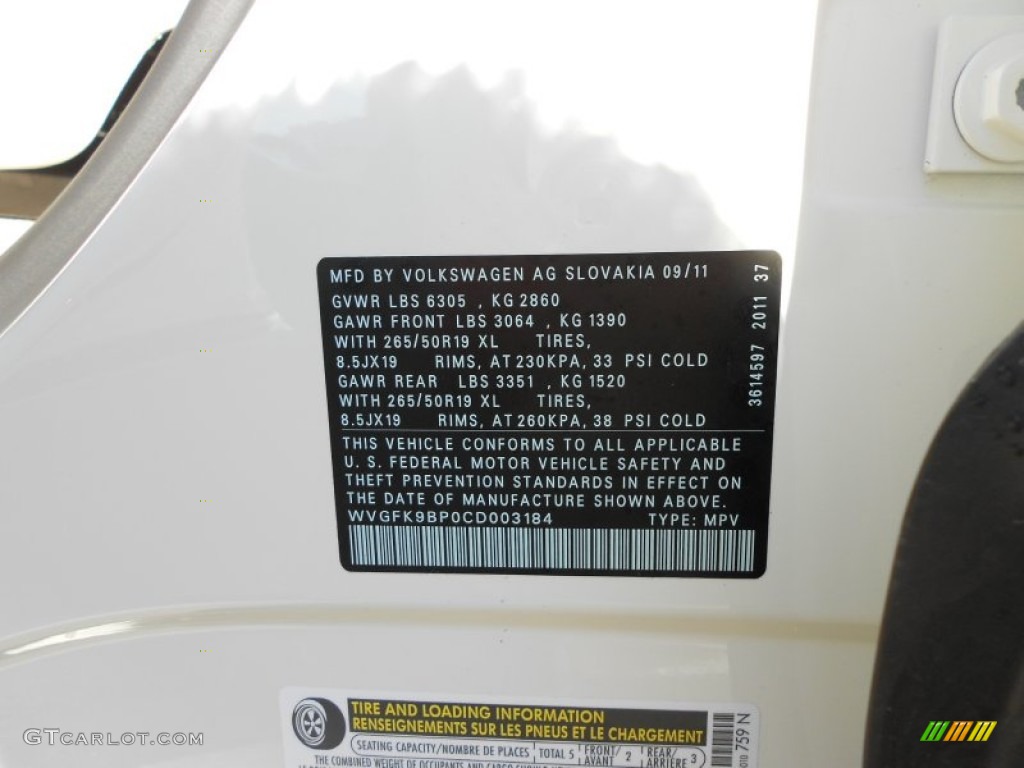 2012 Volkswagen Touareg TDI Lux 4XMotion Info Tag Photo #58876257