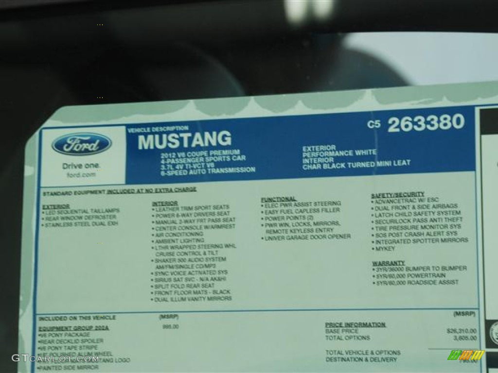 2012 Ford Mustang V6 Premium Coupe Window Sticker Photo #58878981
