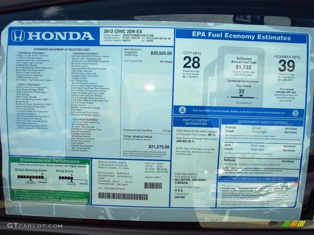 2012 Honda Civic EX Coupe Window Sticker Photo #58884106