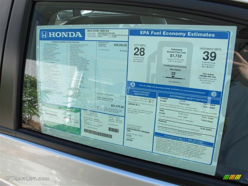 2012 Honda Civic EX Sedan Window Sticker Photo #58884282