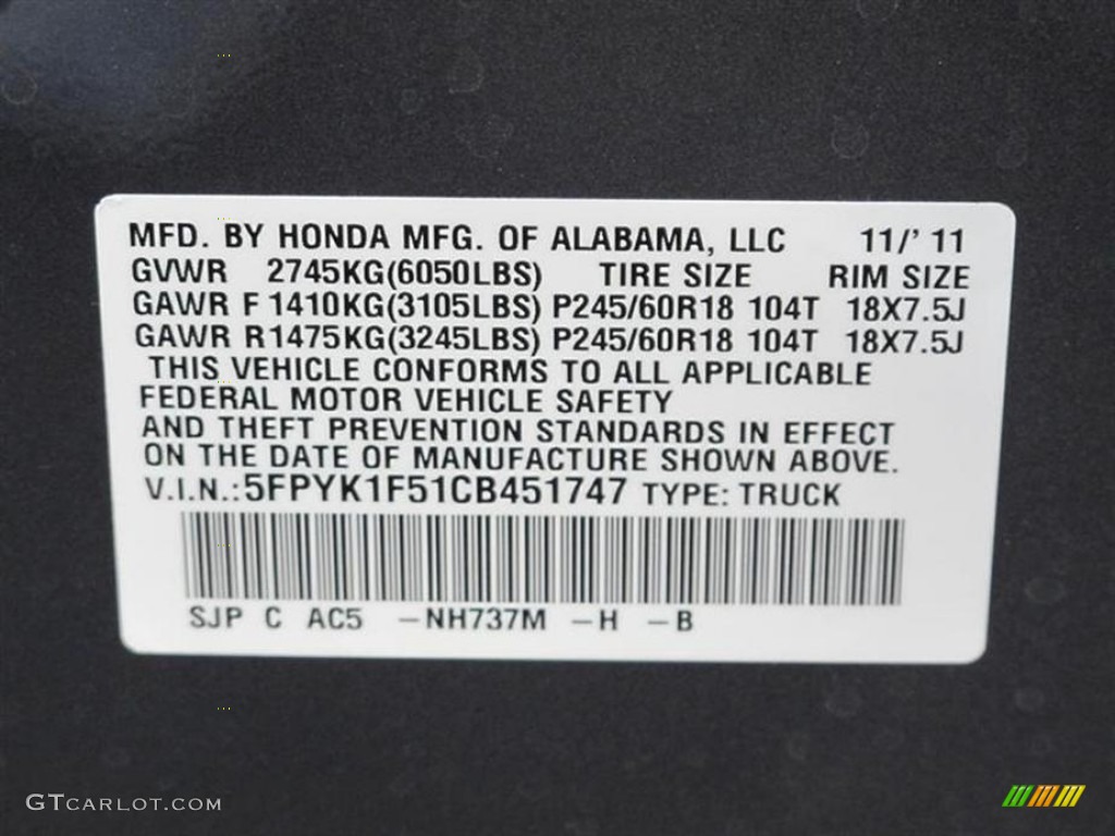 2012 Ridgeline Color Code NH737 for Polished Metal Metallic Photo #58884477