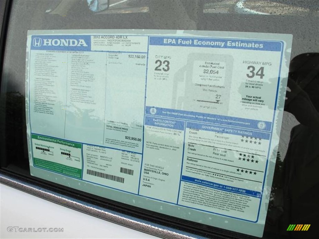 2012 Honda Accord LX Sedan Window Sticker Photo #58884642