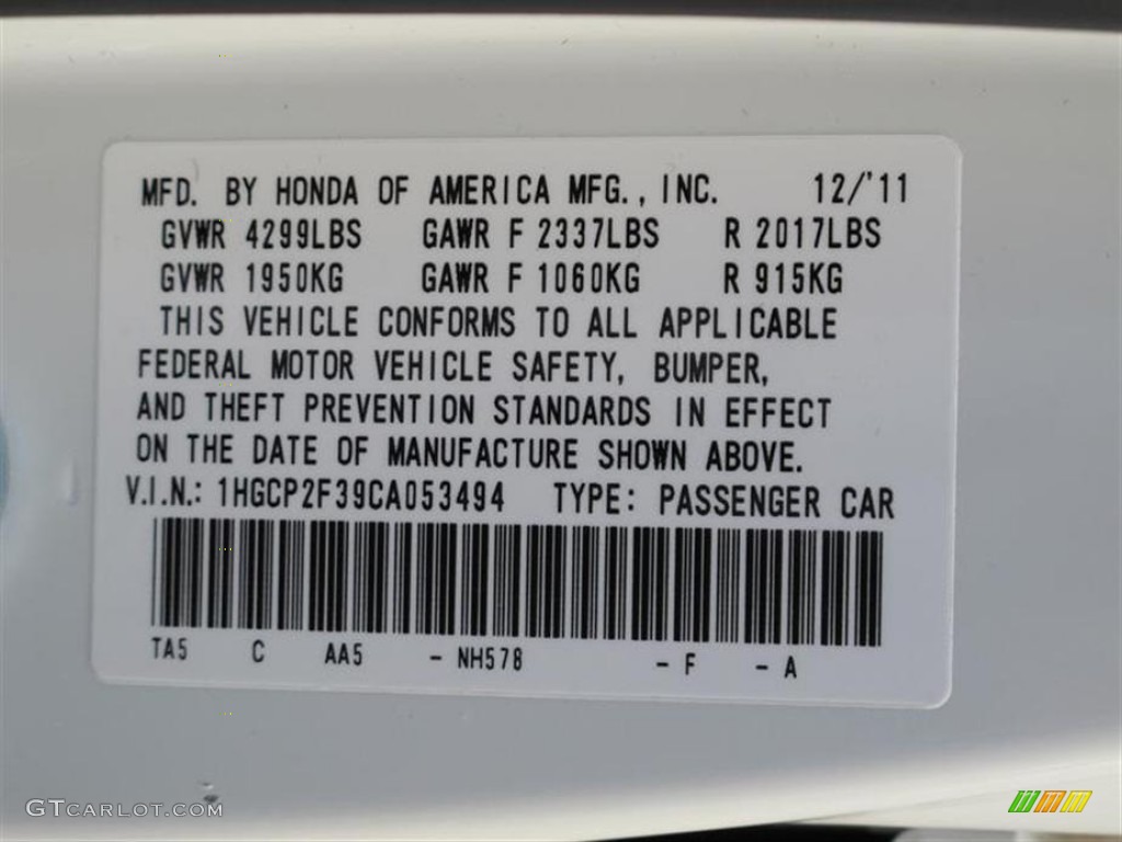 2012 Accord Color Code NH578 for Taffeta White Photo #58884651