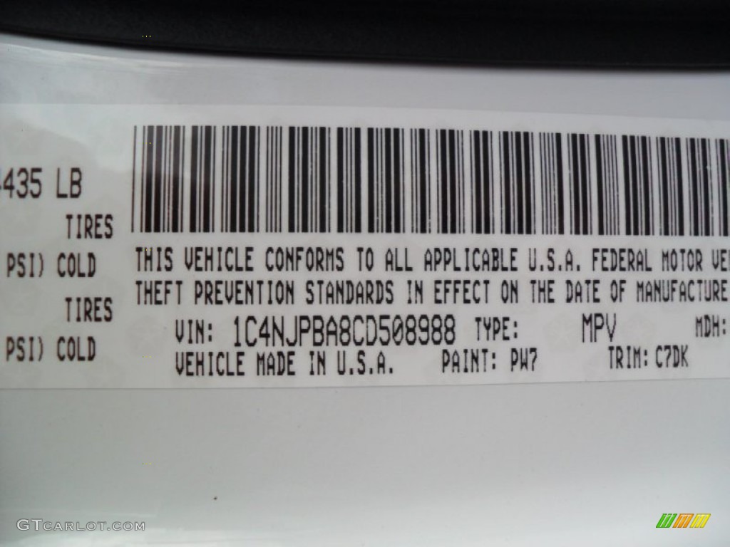 2012 Patriot Color Code PW7 for Bright White Photo #58894233