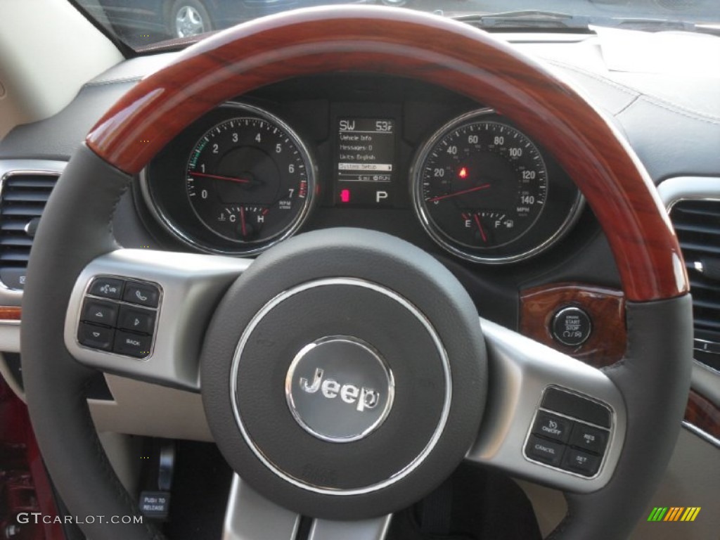 2012 Jeep Grand Cherokee Overland 4x4 Dark Frost Beige/Light Frost Beige Steering Wheel Photo #58912502