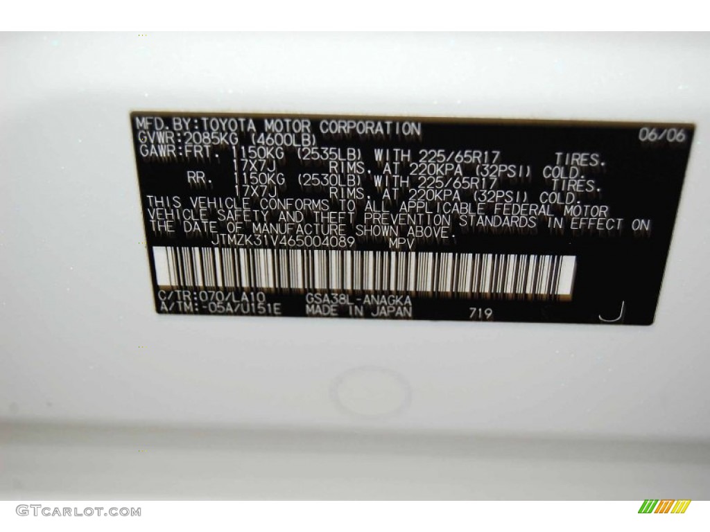 2006 RAV4 Color Code 070 for Blizzard White Pearl Photo #58922855