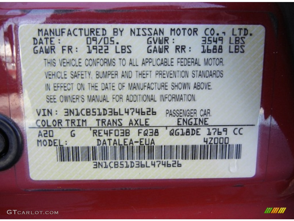 2006 Sentra Color Code A20 for Code Red Photo #58924711