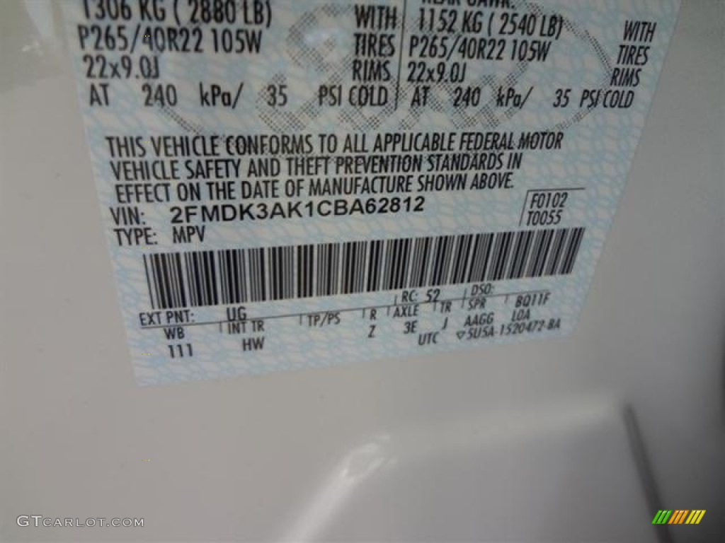 2012 Edge Color Code UG for White Platinum Metallic Tri-Coat Photo #58934007