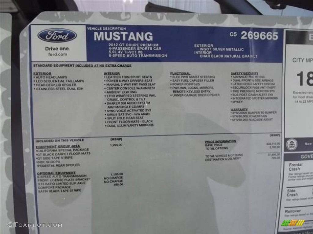 2012 Ford Mustang C/S California Special Coupe Window Sticker Photo #58934400