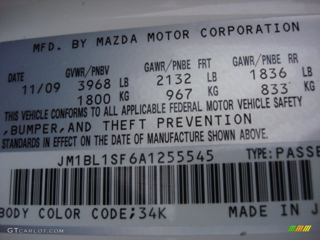 2010 MAZDA3 Color Code 34K for Crystal White Pearl Mica Photo #58940787