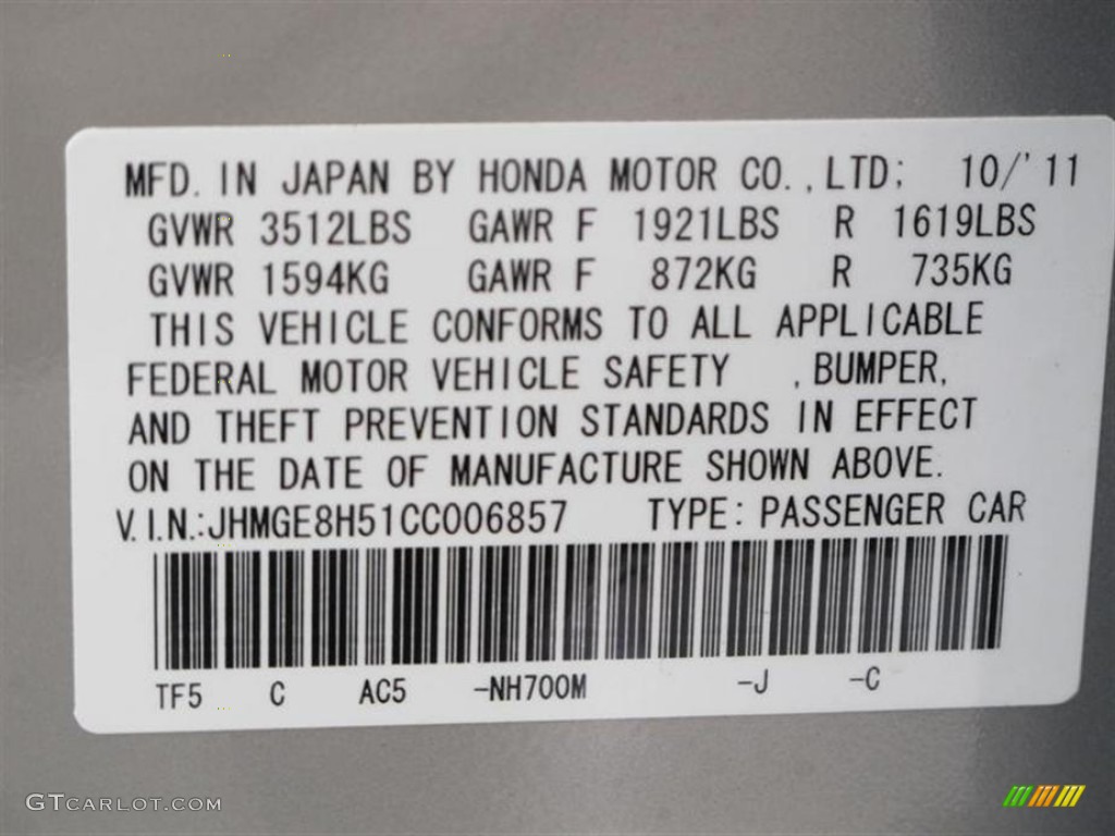 NH700M 2012 Honda Fit Sport Parts