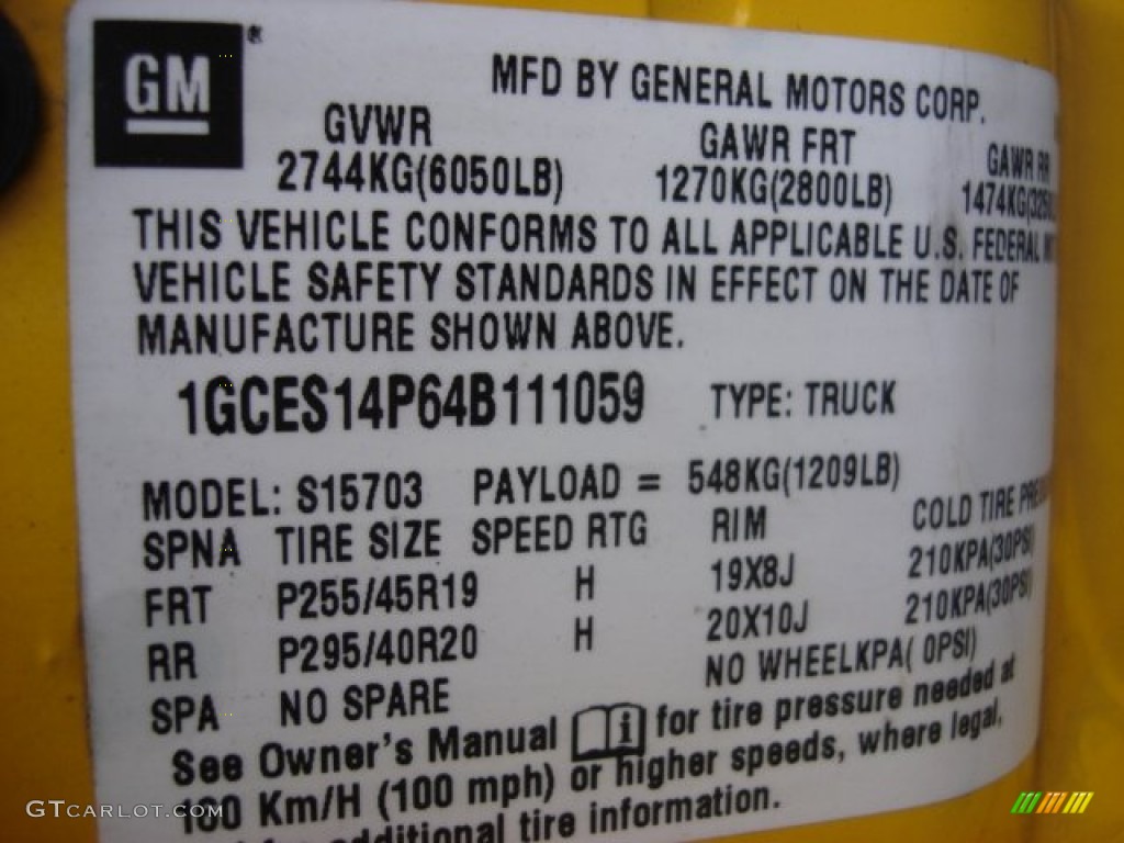 2004 Chevrolet SSR Standard SSR Model Info Tag Photo #58941456