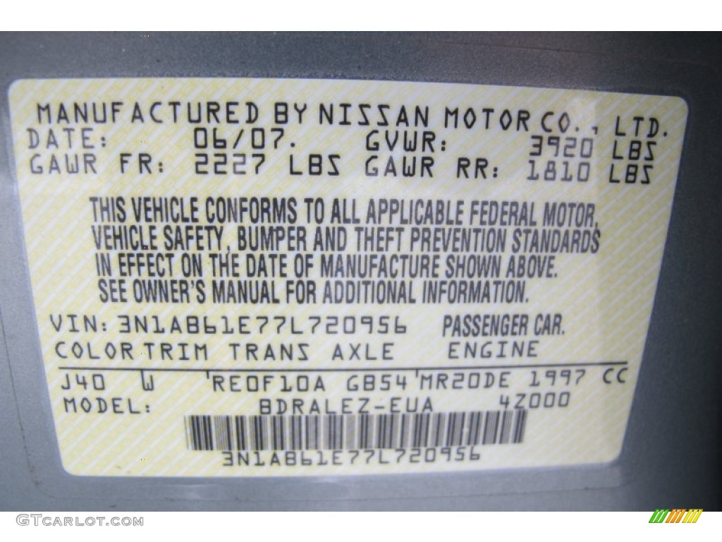 2007 Sentra Color Code J40 for Metallic Jade Photo #58957899