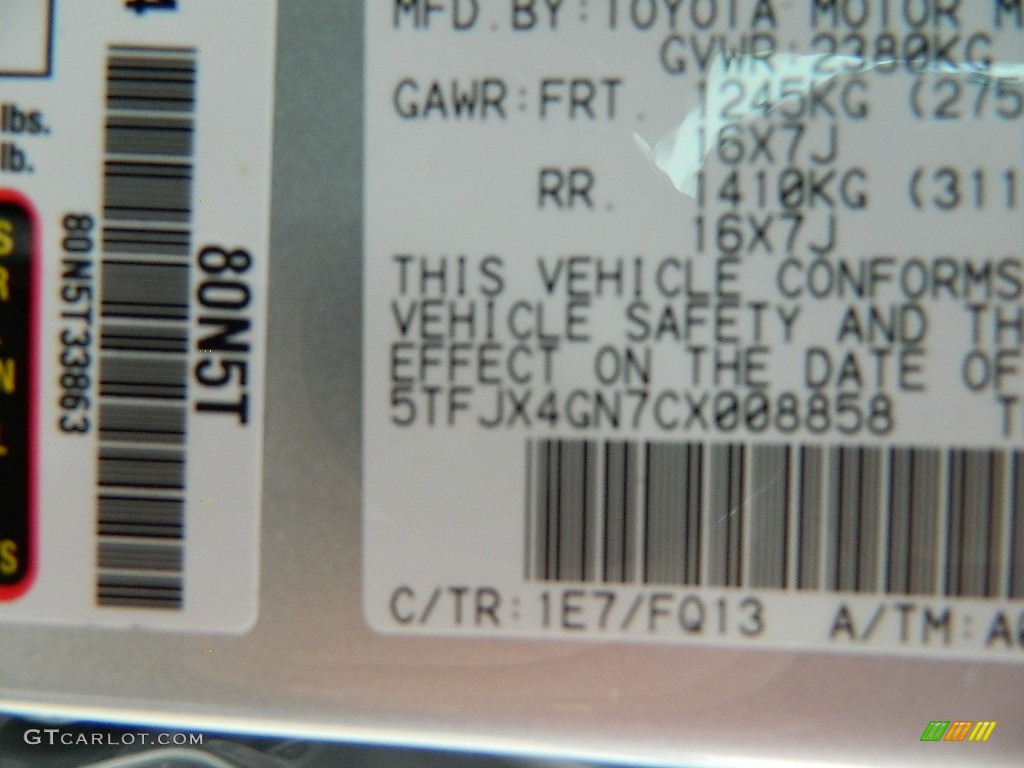 2012 Tacoma Color Code 1E7 for Silver Streak Mica Photo #59010224