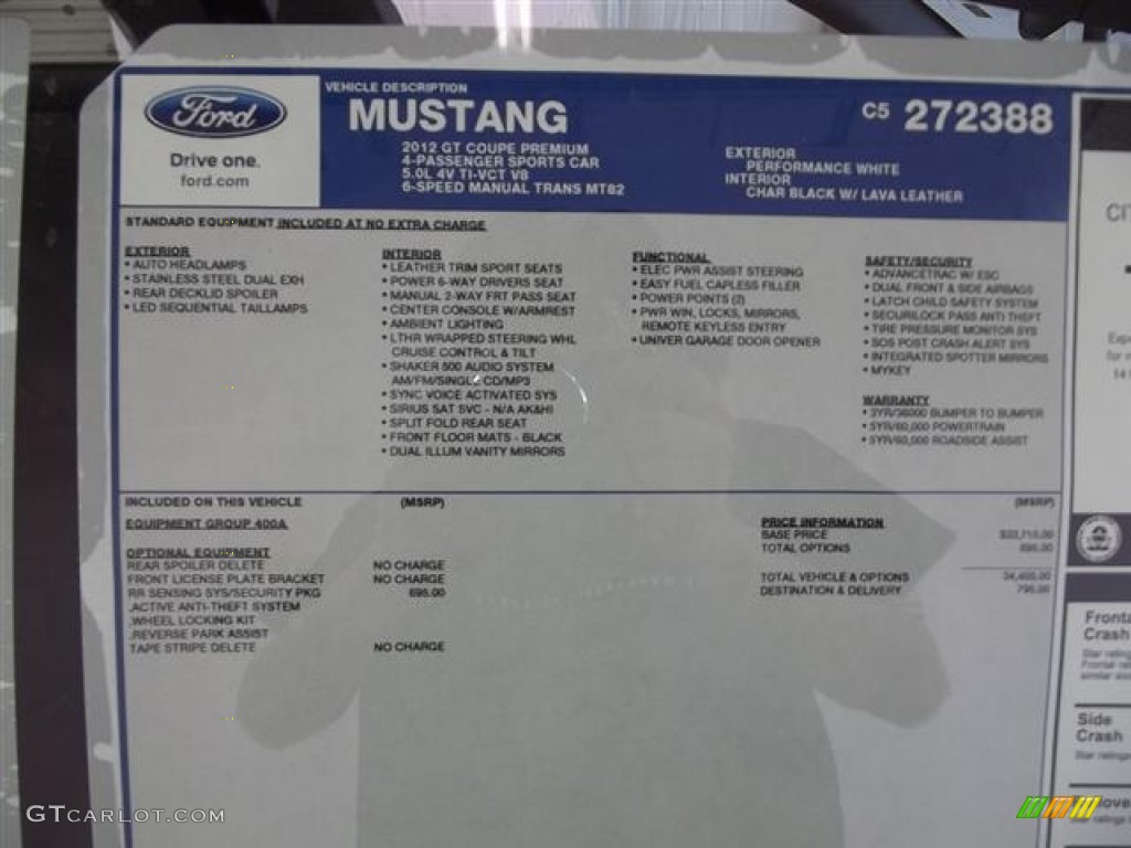 2012 Ford Mustang GT Premium Coupe Window Sticker Photo #59020994