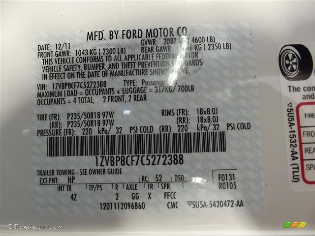 2012 Mustang Color Code HP for Performance White Photo #59020997
