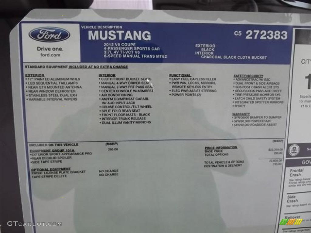 2012 Ford Mustang V6 Coupe Window Sticker Photo #59021069