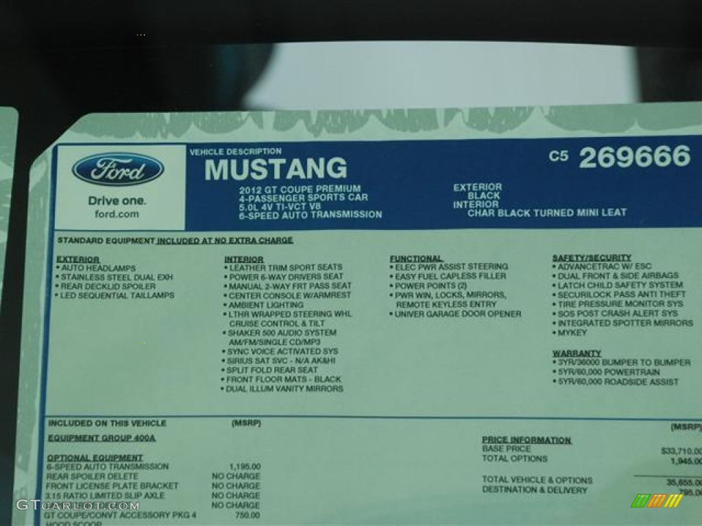 2012 Ford Mustang GT Premium Coupe Window Sticker Photo #59021201