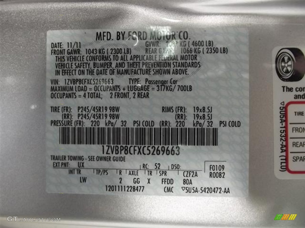 2012 Mustang Color Code UX for Ingot Silver Metallic Photo #59021288