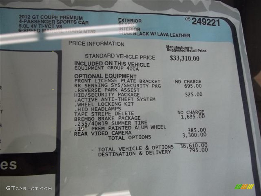 2012 Ford Mustang GT Premium Coupe Window Sticker Photo #59021501