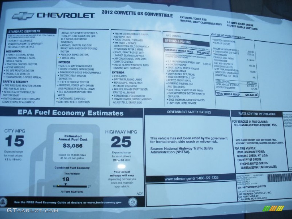 2012 Chevrolet Corvette Grand Sport Convertible Window Sticker Photo #59023745