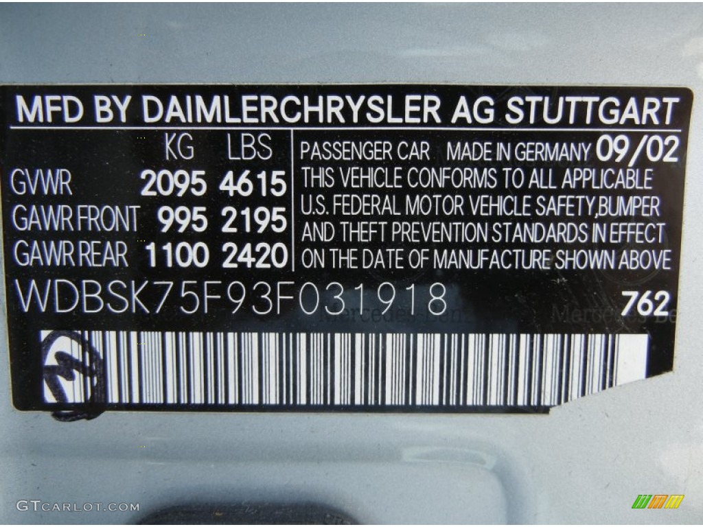 2003 SL Color Code 762 for Diamond Silver Metallic Photo #59025948
