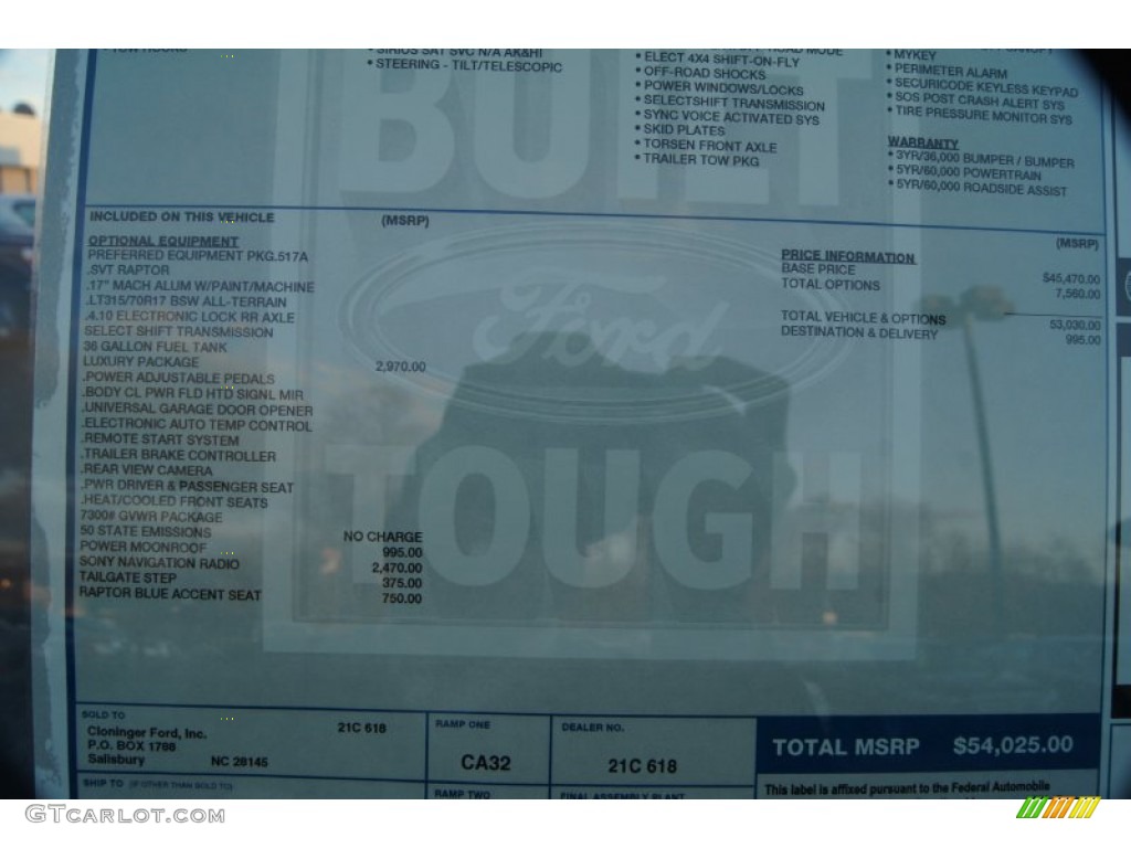 2012 Ford F150 SVT Raptor SuperCrew 4x4 Window Sticker Photo #59032990