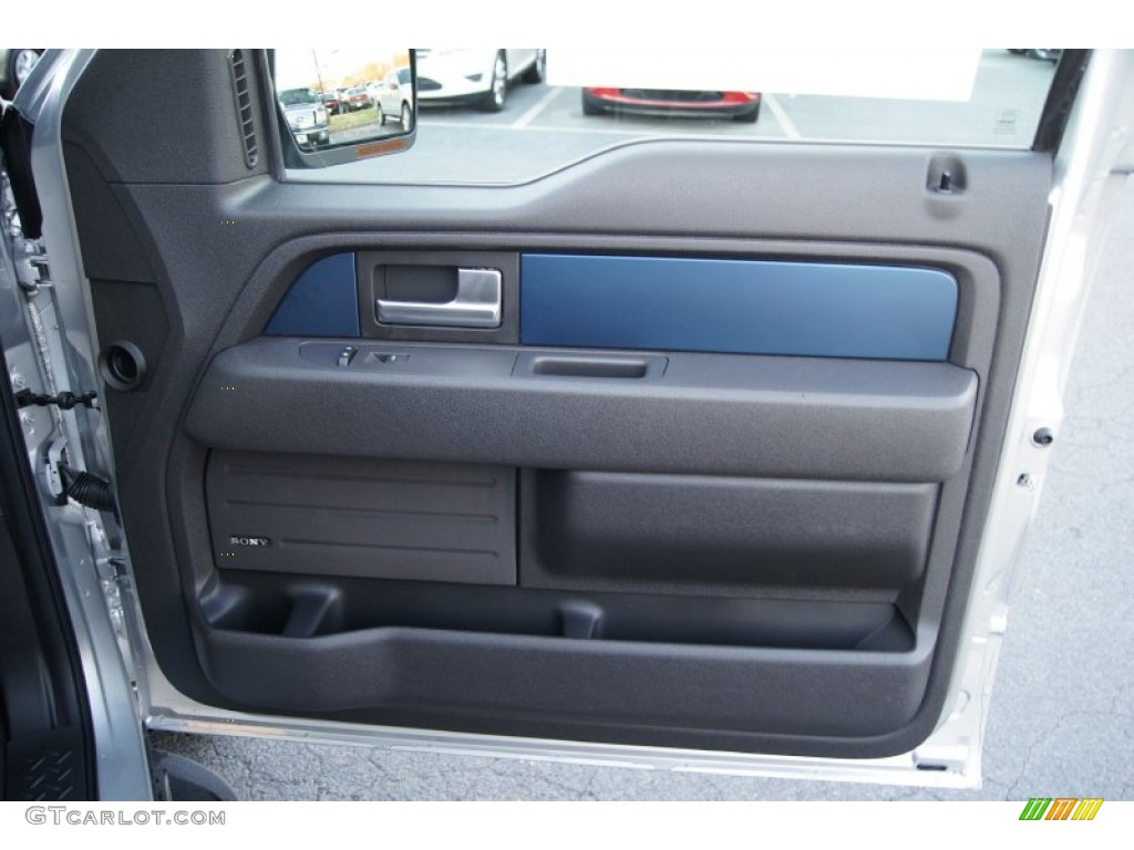 2012 Ford F150 SVT Raptor SuperCrew 4x4 Raptor Black Leather/Cloth with Blue Accent Door Panel Photo #59033053