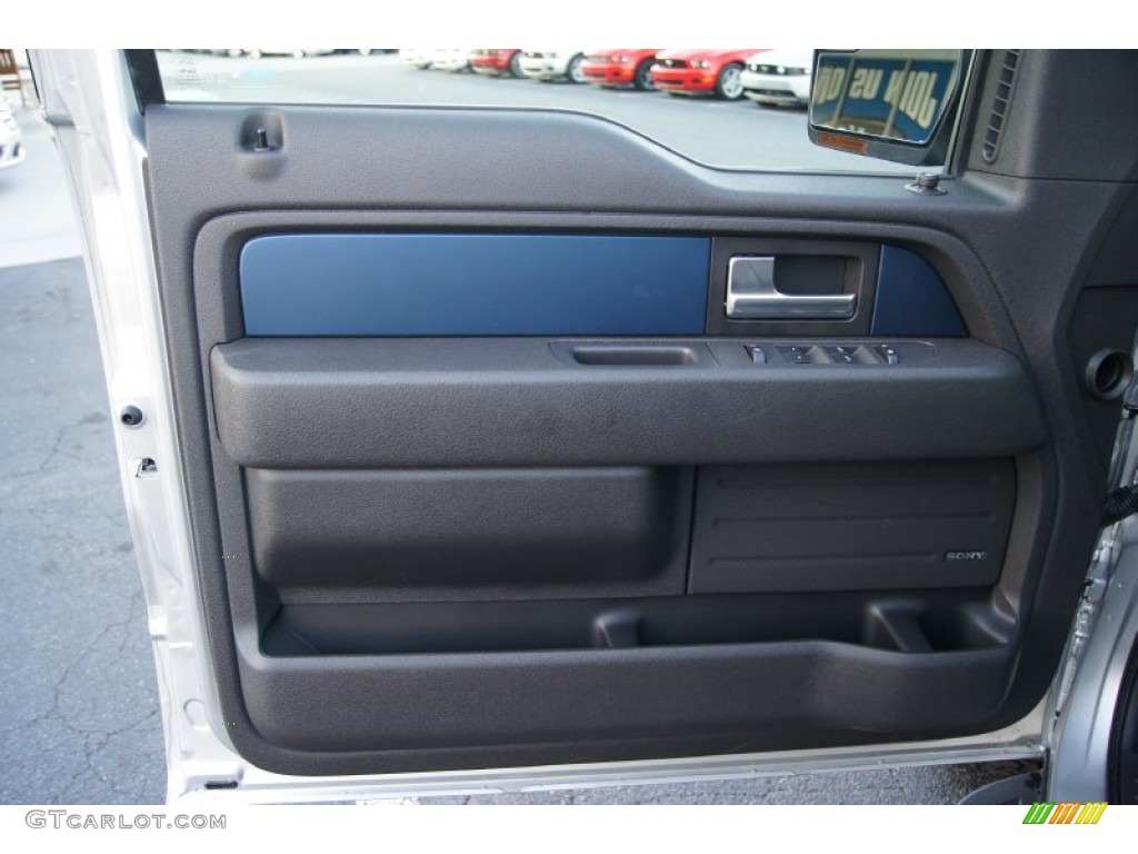 2012 Ford F150 SVT Raptor SuperCrew 4x4 Raptor Black Leather/Cloth with Blue Accent Door Panel Photo #59033162