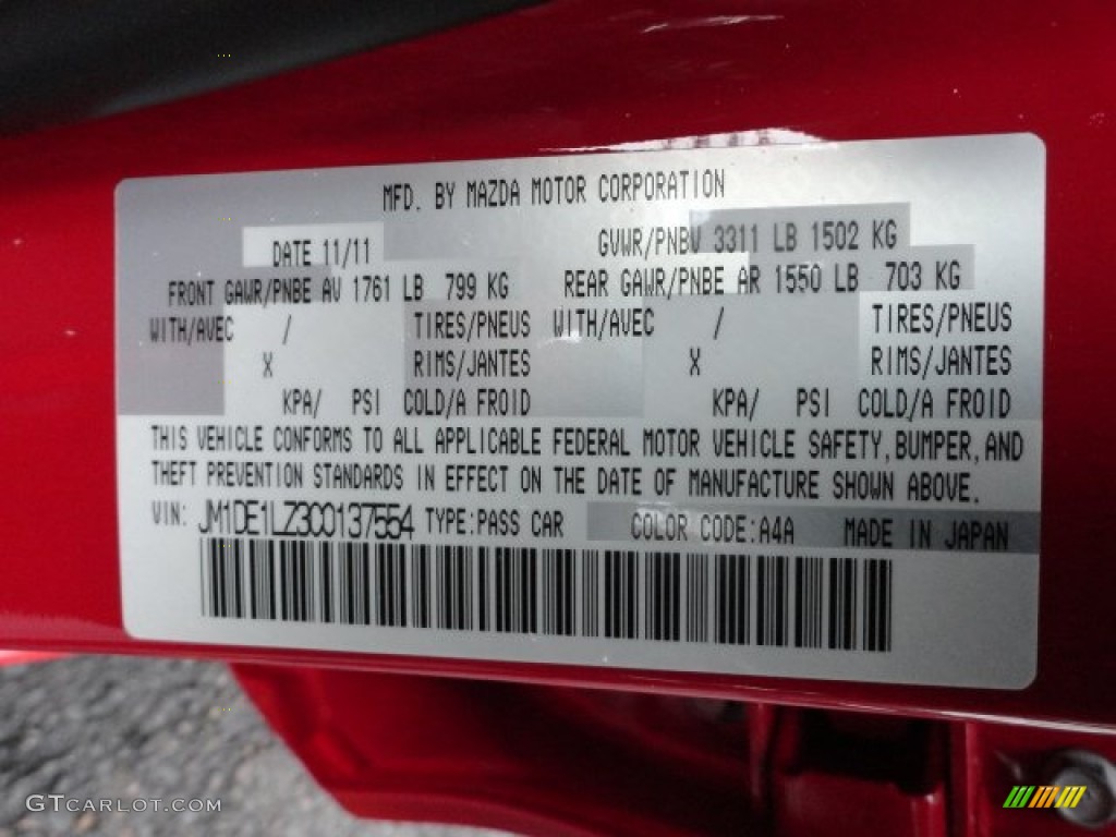 2012 MAZDA2 Color Code A4A for True Red Photo #59070389