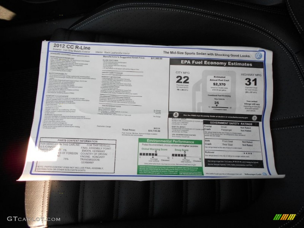 2012 Volkswagen CC R-Line Window Sticker Photo #59072930