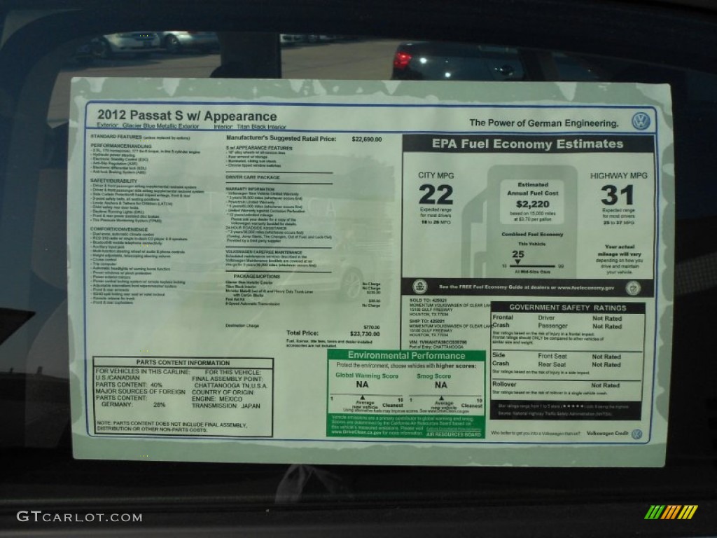 2012 Volkswagen Passat 2.5L S Window Sticker Photo #59073746
