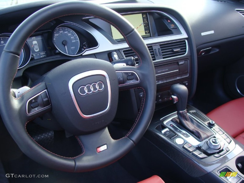 2011 Audi S5 3.0 TFSI quattro Cabriolet Black/Magma Red Silk Nappa Leather Steering Wheel Photo #59093615