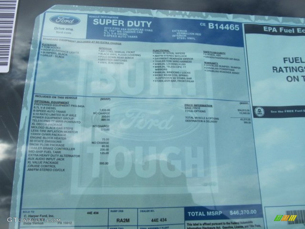2012 Ford F350 Super Duty XL SuperCab 4x4 Chassis Window Sticker Photo #59094779