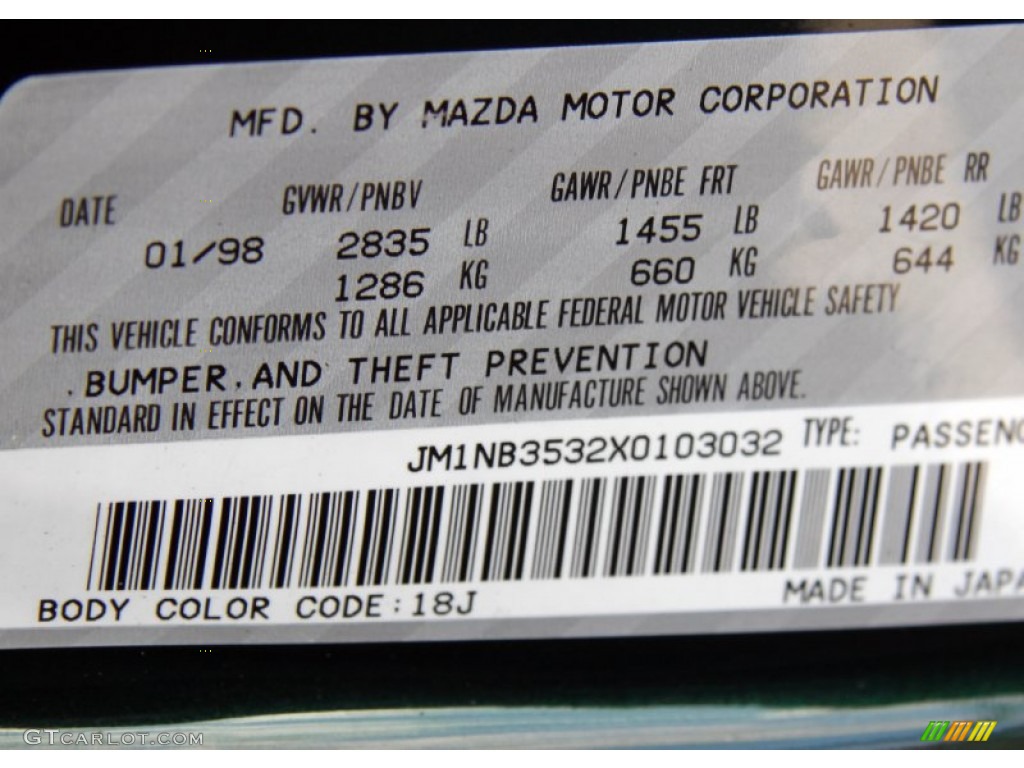 1999 MX-5 Miata Color Code 18J for Emerald Green Mica Photo #59105333
