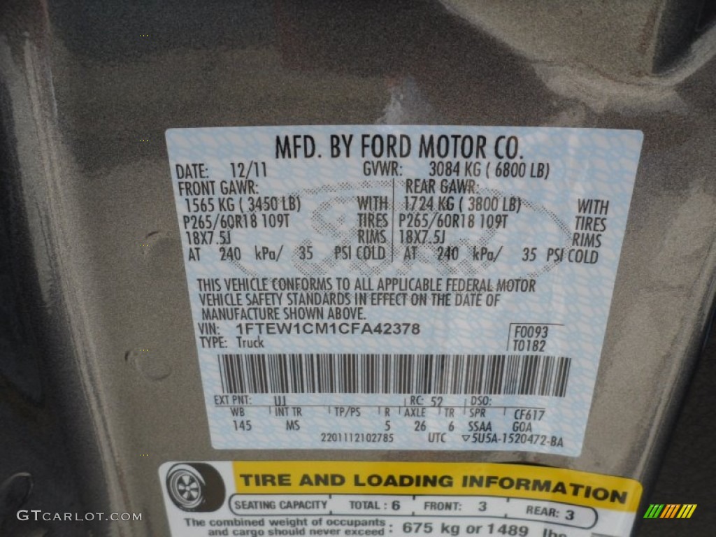2012 F150 Color Code UJ for Sterling Gray Metallic Photo #59112440