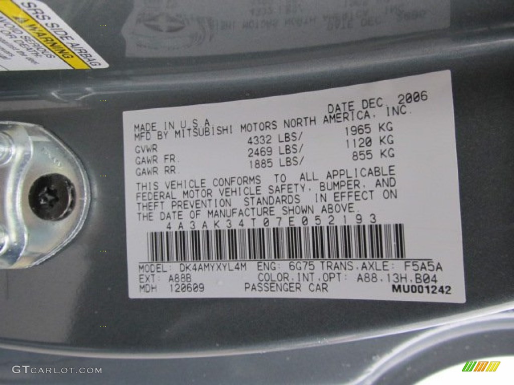 2007 Mitsubishi Eclipse GT Coupe Color Code Photos