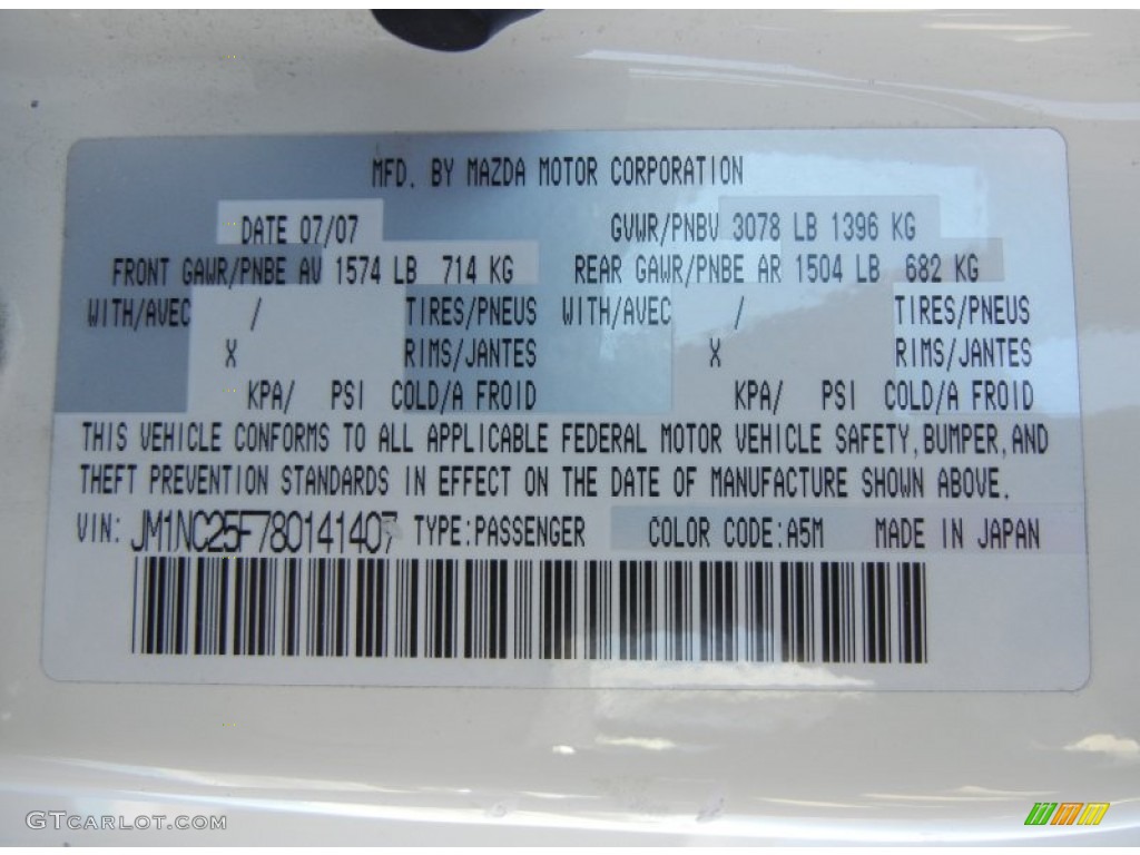 2008 MX-5 Miata Color Code A5M for Marble White Photo #59132618