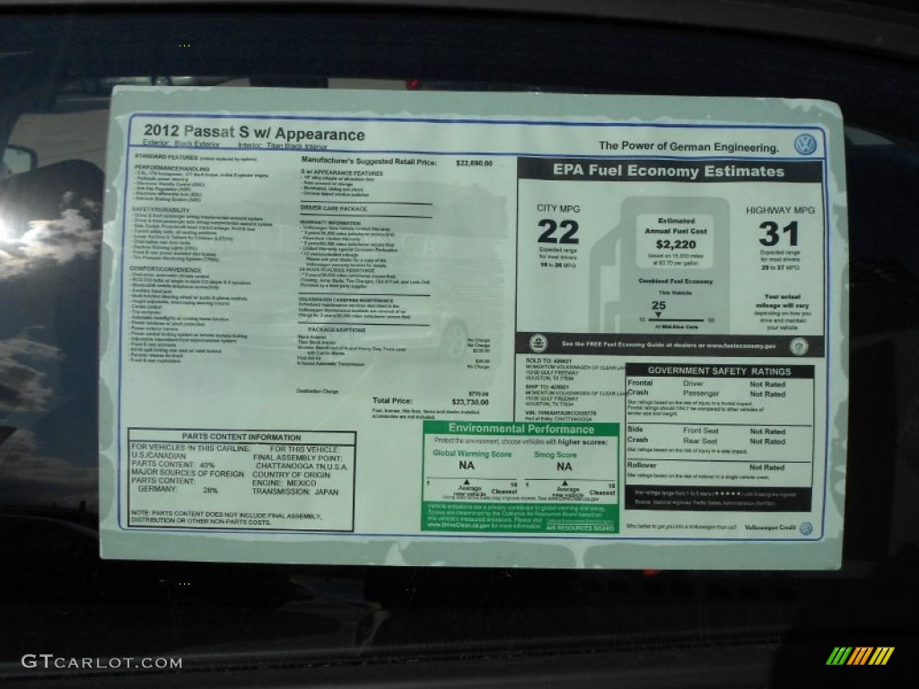 2012 Volkswagen Passat 2.5L S Window Sticker Photos