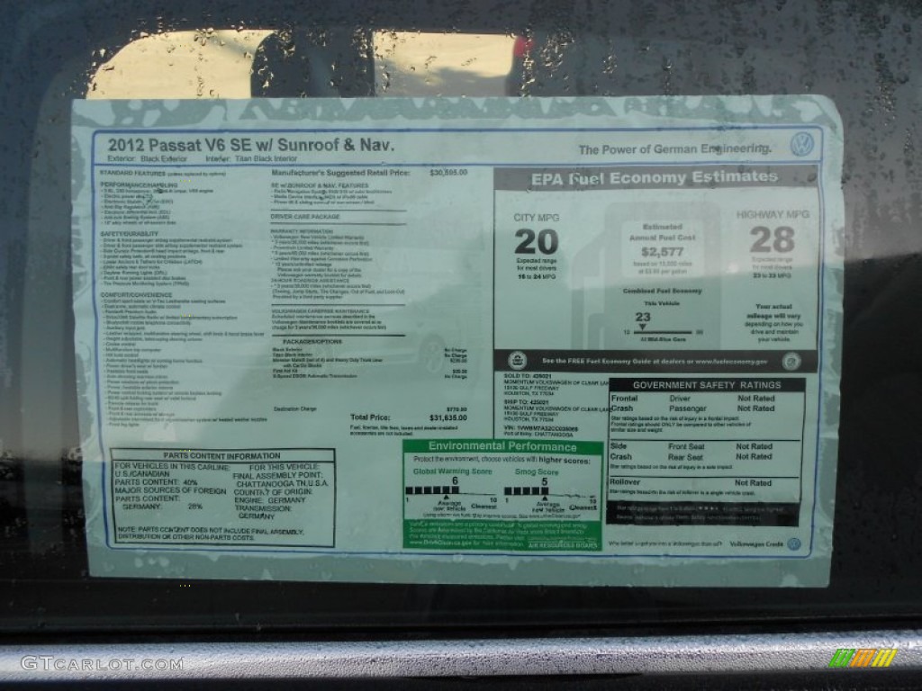 2012 Volkswagen Passat V6 SE Window Sticker Photo #59137313
