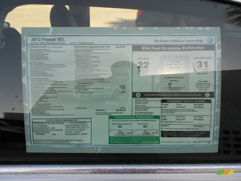 2012 Volkswagen Passat 2.5L SEL Window Sticker Photo #59137499