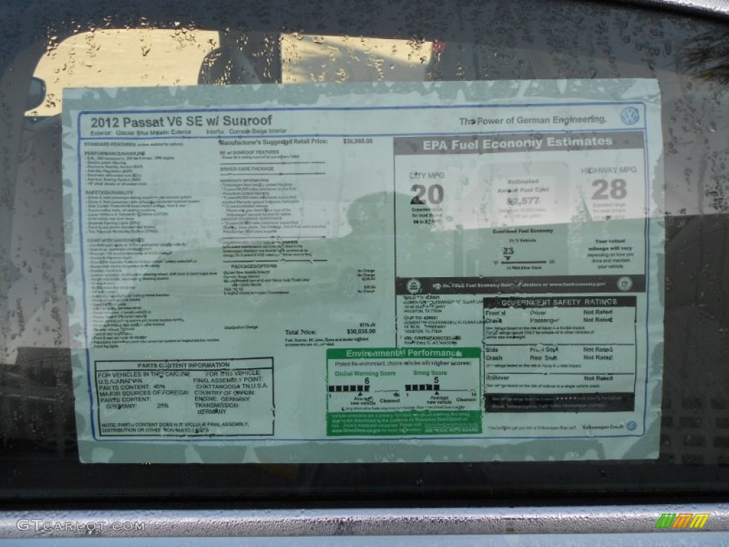 2012 Volkswagen Passat V6 SE Window Sticker Photo #59137691