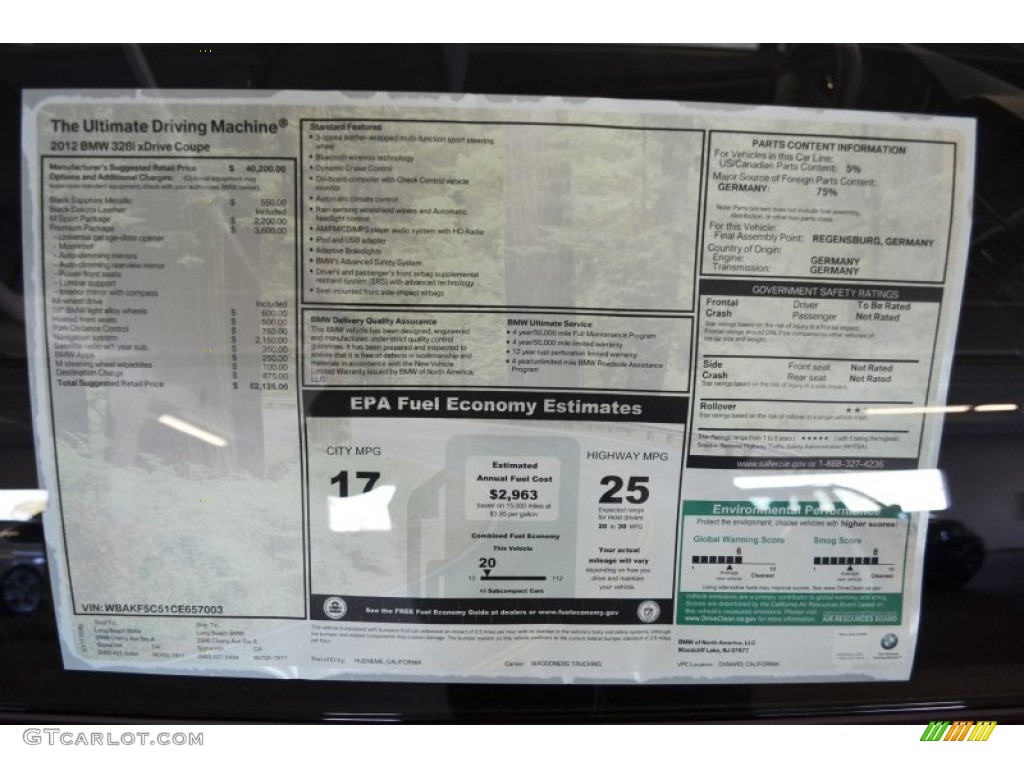 2012 BMW 3 Series 328i xDrive Coupe Window Sticker Photo #59154620
