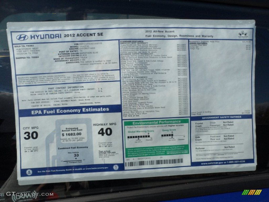 2012 Hyundai Accent SE 5 Door Window Sticker Photo #59164403
